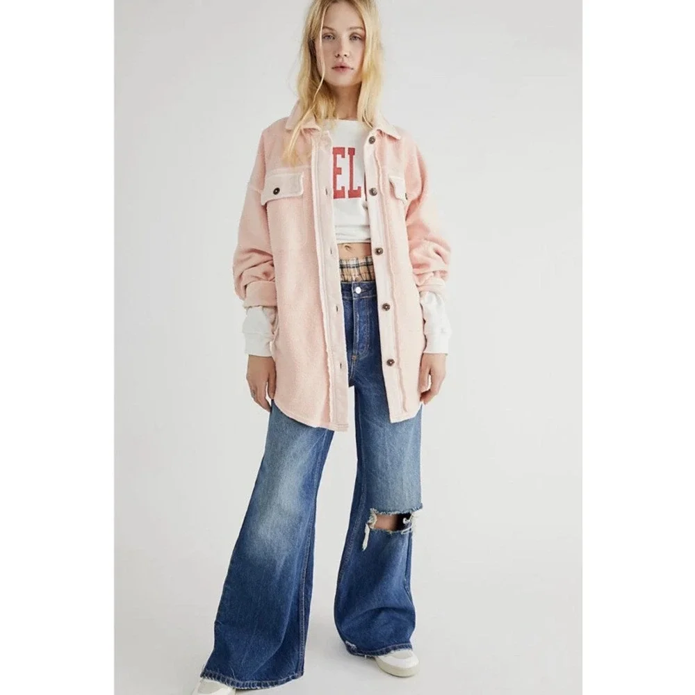 Free People Ruby Shirt Fleece Oversized Buttondown Shacket Jacket Top blouse XL